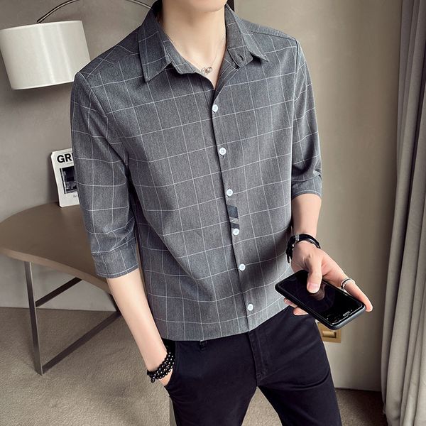 

men plaid shirt 100% cotton summer casual shirt soft comfort men's business casual lapel 3/4 sleeve modern fashion, White;black