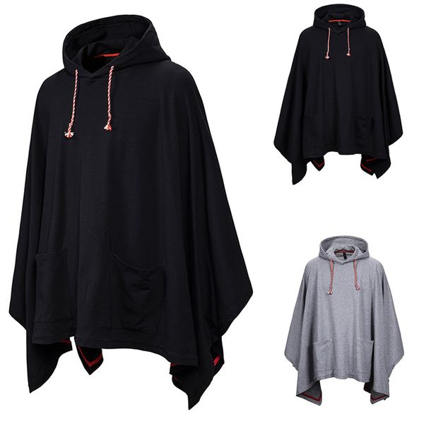 

feitong men fashion pocket irregular solid color loose bat sleeves hooded cape coat, Tan;black