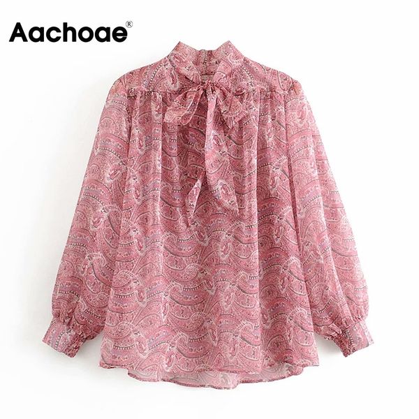 

women vintage printed chiffon blouse 2020 bow tie collar chic tunic blouses female long sleeve loose shirt ladies casual, White