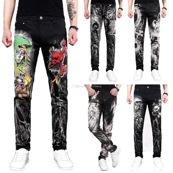 

casual slim straight jeans for men colored drawing painted trousers hip hop biker stretch denim pants cotton, Blue