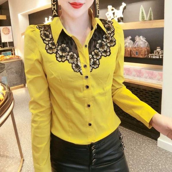 

2020 new spring korean clothes embroidery blouse womon patchwork mesh diamonds woven nylon shirt women long sleeve t02504, White