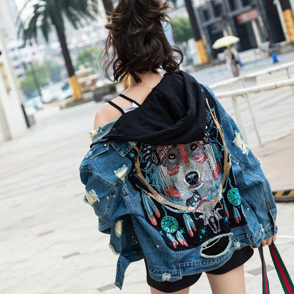 

khalee yose gypsy embroidery denim jacket ripped jean jackets hoodies sequin wolf vintage oversized loose outerwear coat autumn, Black;brown