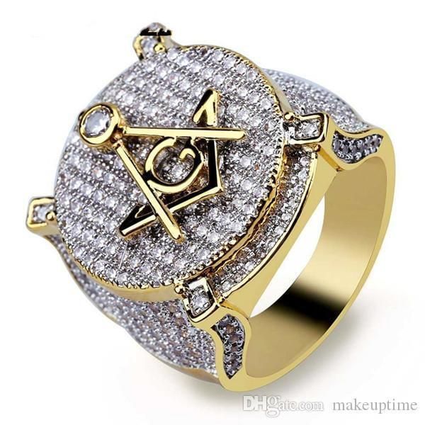 

zircon ice out bling big wide masonic ring gold filled copper material asonry rings men hip hop rapper jewelry 7-13, Silver