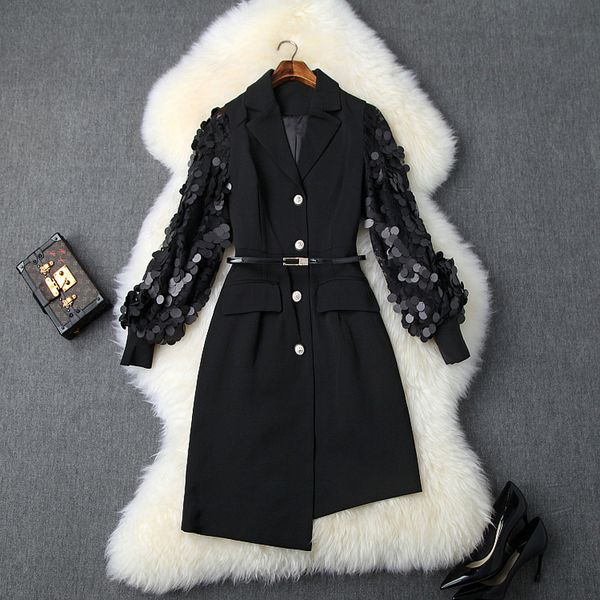 

2019 summer fall black long sleeve notched-lapel minimalist plain belted sequins knee-length dress casual fashion dresses lyb13t10098, Black;gray