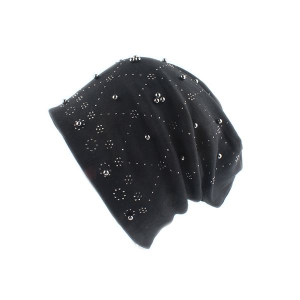 

2019 fashion solid color women skullies beanies pearl rhinestone winter hat female ladies autumn slouchy beanie soft cotton hat, Blue;gray