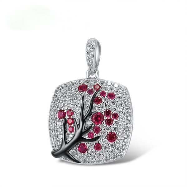 

fine jewelry red zircon leaves branch pendant for women branch sparkling pink cherry tree cz delicate fashion, Silver