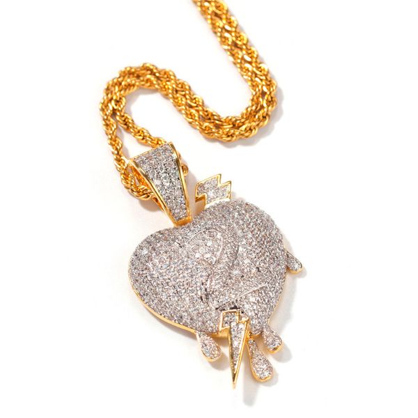 

aglover luxury iced циркон сердца кулон для женщин мода 2 сердца water drop hip hop tide brand ювелирные изделия с веревкой цепи, Silver
