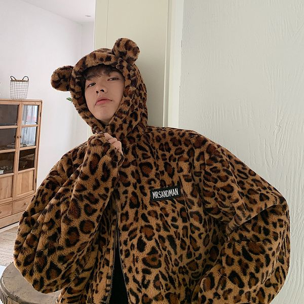 

mens parka jacket autumn winter hoodies leopard print harajuku thick warm overcoat mens winter jackets and coats hip hop, Tan;black