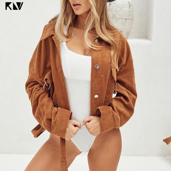 

2019 autumn spring women corduroy thin slim coat short jacket ring pockets retro cool belted long sleeve loose jackets outwear, Black;brown