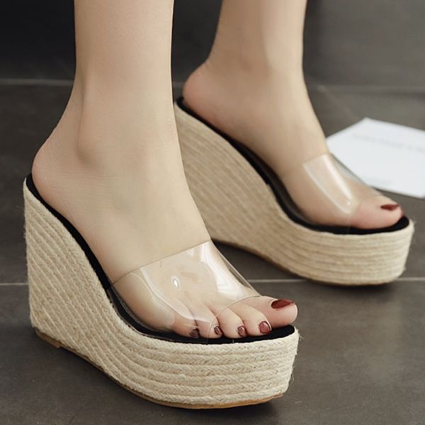 

high-heeled shoes lady slippers women summer on a wedge slides pantofle transparent heel heels flat soft 2020 wedges fretwork, Black
