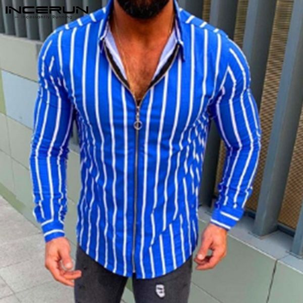 

fashion men striped shirt zipper lapel high street 2019 casual outerwear fitness long sleeve brand shirts men incerun s-3xl, White;black