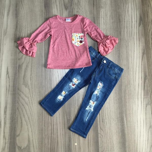 

new arrivals fall/winter baby girls dusty pink jeans floral long sleeve children clothes boutique pants ruffles outfits set, White