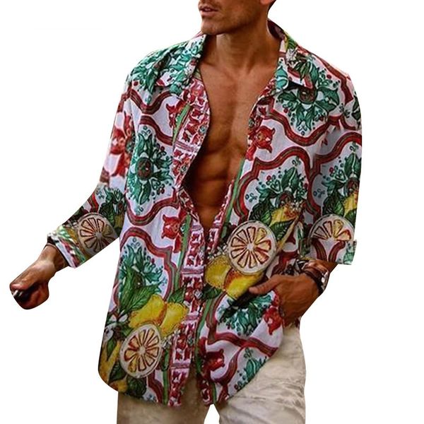 

sifan men hawaiian print shirt long sleeve button loose lapel streetwear retro casual shirts men tropical vacation blouse 5xl, White;black
