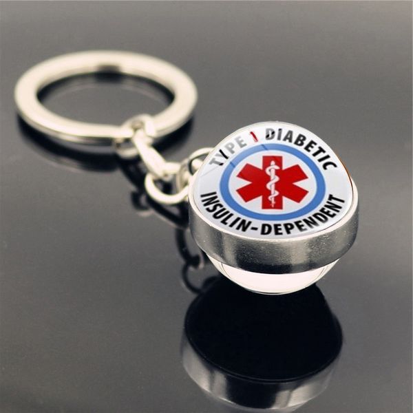 

diabetics emergency medical alert glass ball autism picture double-sided cabochon charm keychain creative couple jewelry friend gifts, Slivery;golden