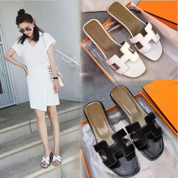 

2020 new women lady girl sandals fashion trend classic star same style genuine leather sheepskin black white slippers h2
