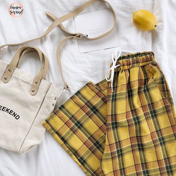 

japanese style women yellow pants high waist summer tie stripe plaid cotton pant bottom drop shipping, Black;white