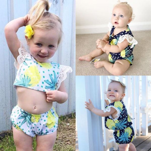 

2018 new fashion kid girl summer pineapple clothes baby girls sleeveless lace shirt+shorts pants children clothes outfits, White