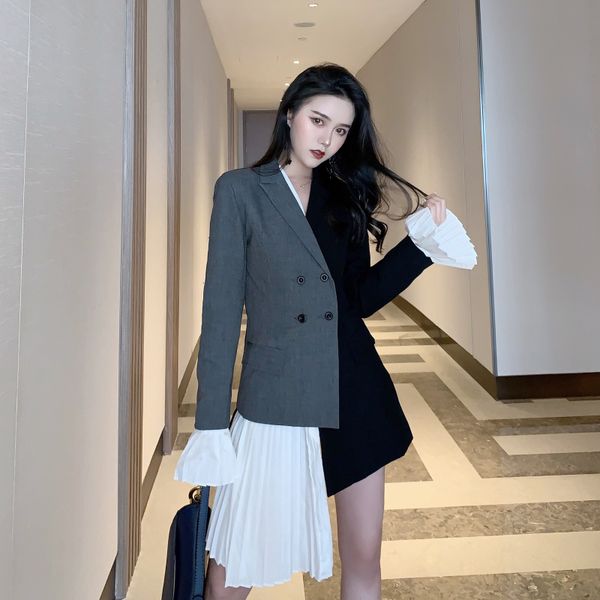 

women's autumn stitching design niche suit british style long-sleeved slim female casual suit, White;black