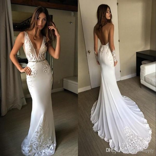 Neuankömmlinge billige sexy sexy Berta Meerjungfrau Kleider Spitzen Applikationen Deep v Hals Rückenfreie Brautkleider Custom Beach Hochzeitskleid