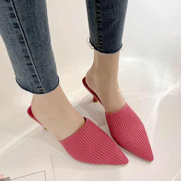 

rose red knitted mules shoes women thin high heels slippers summer soft comfort pointed toe fashion slides party ladies shoes, Black
