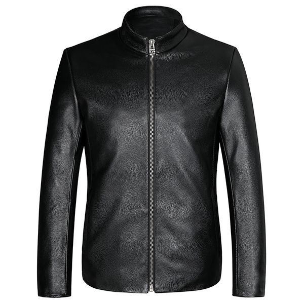 

cow leather jackets men clothing 2019 men's gueuine leather single jacket stand collar slim short casual jackets s-4xl, Black