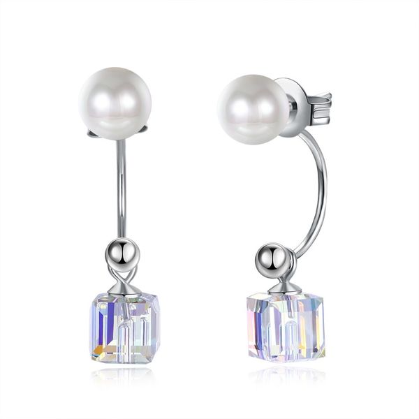

white pearl hook stud earrings s925 sterling silver cute earrings three-dimensional square multi-faceted crystal, Golden;silver