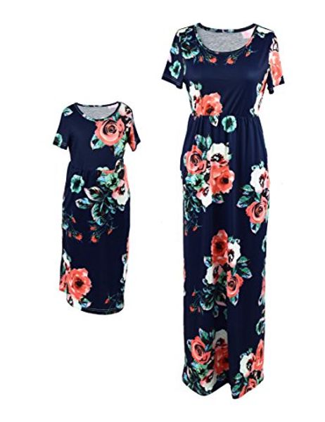 

felinsoul mother daughter short sleeve family matching floral maxi dress sets, Black;gray