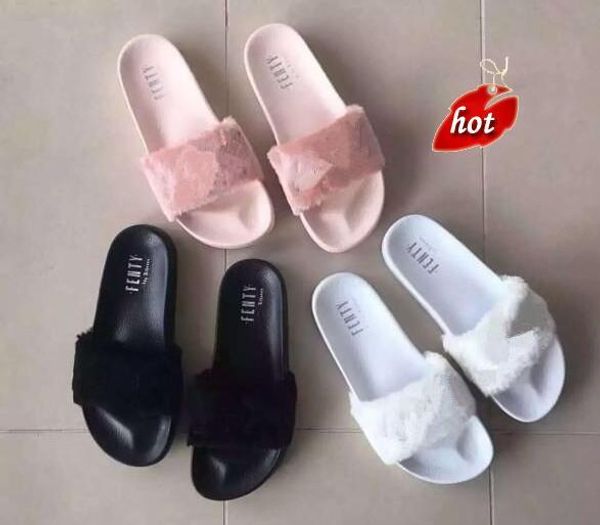 

отправить оригинальную коробку мешок пыли]рианна leadcat фенти тапочки искусственный мех слайды сандалии мода женщины слайд розовый черный б, Black