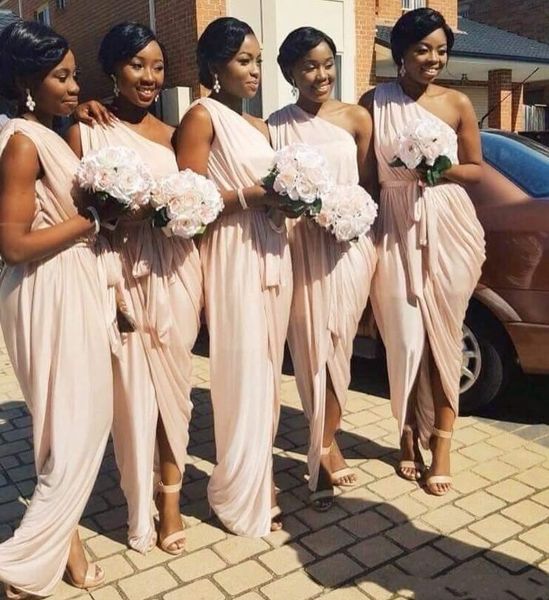 

one shoulder light pink bridesmaid dresses front split black girls sheath wedding guest gown floor length prom dress, White;pink