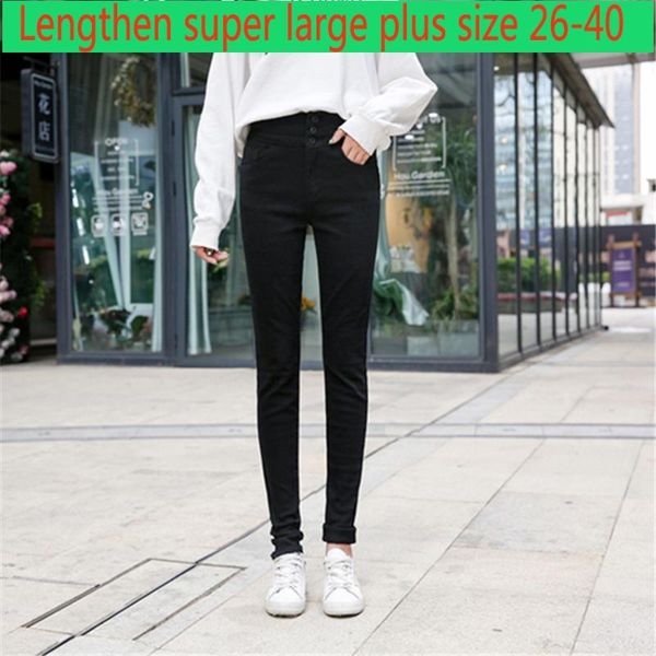 

new fashion suepr large high waist button skinny jeans black large elastic x-long women full length pencil pants plus size 26-40, Black;white