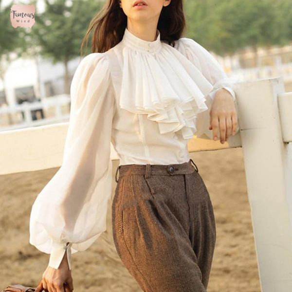 

chiffon blouse shirts women stand collar lantern long sleeve female elegant fashion clothes 2019 spring, White