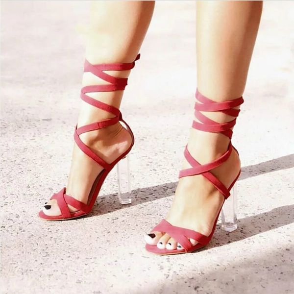 

new 2020 flock women sandals shoes clear glass heel square high heels round toe dance lace-up red black size 35-40