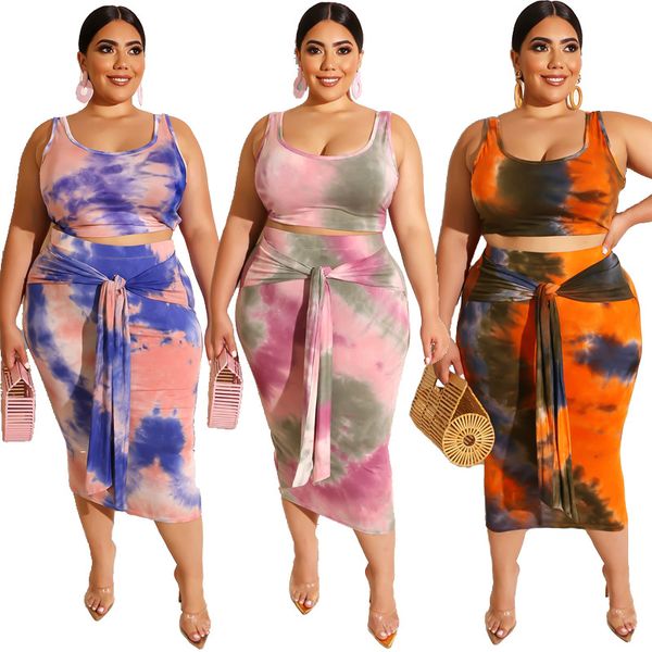 

2xl,3xl,4xl fashion large size small vest women's tight bag hip exposed navel two-piece set tie-dye printing suit design women's d, White