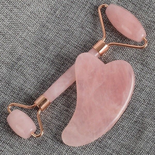 

most sale handle heldhand slim chin double welded rose quartz facial massage natural pink jade roller with rose gold metal handle