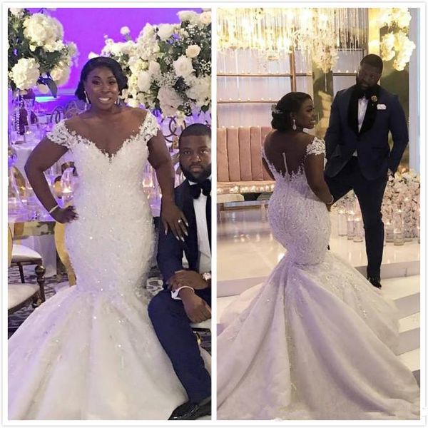 

2020 plus size arabic lace mermaid wedding dresses sheer neck beaded tulle bridal dresses wedding gowns vestidos de novia, White