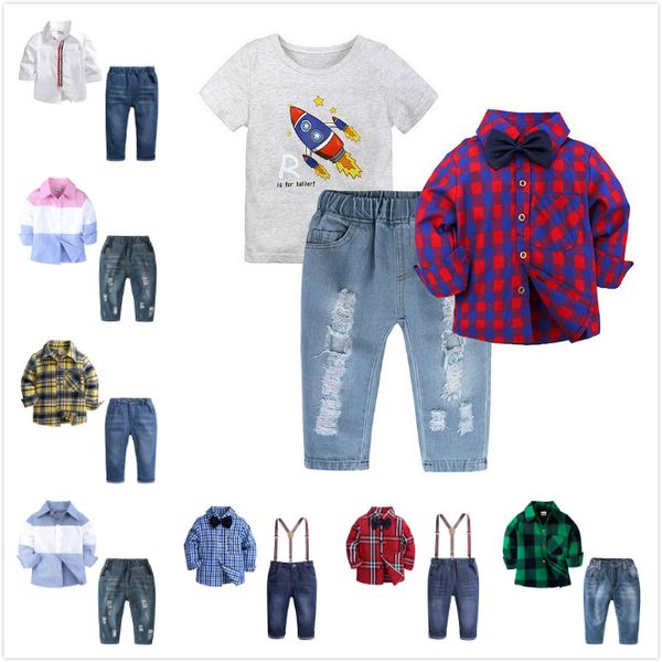 

gentleman fashion spring autumn child boys clothes sets cotton plaid shirts + gray tshirts + hole jeans 3pcs set kids clothes, White