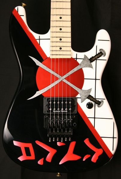 

custom 25th anniversary warrendemartini crossed sword san dimas white st electric guitar black floyd rose tremolo, single humbucker pickup
