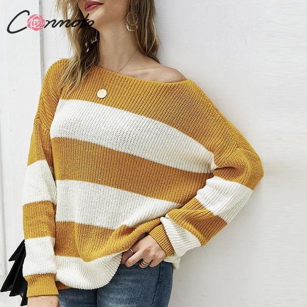 

conmoto women fashion stripe color block pullovers 2019 winter female casual off shoulder jumpers long sleeve knitted sweater, White;black