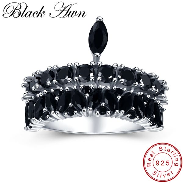 

black awn] cute 925 sterling silver jewelry black spinel elegant crown rings for women finger ring g060, Golden;silver