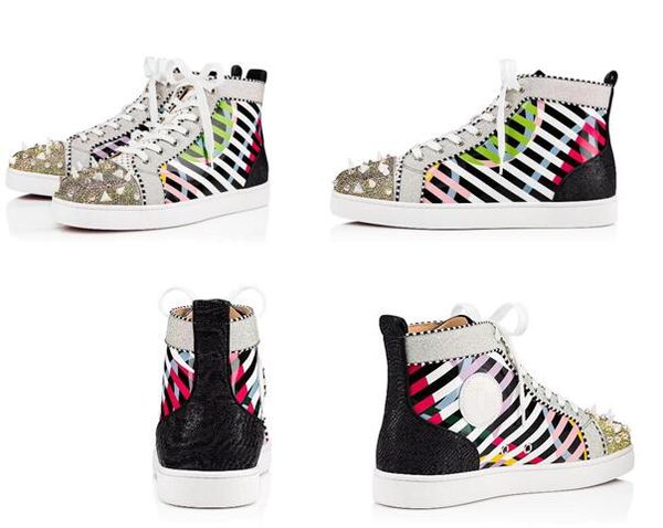 

stripes patent leather spikes orlato high red bottom sneakers shoes for women,men perfect casual walking luxury dress wedding party, Black