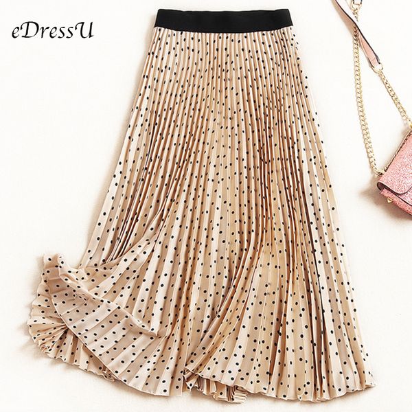 

a line pleated skirt women polka dot vintage midi skirt elegant chic beige black summer autumn skirt ls-9820