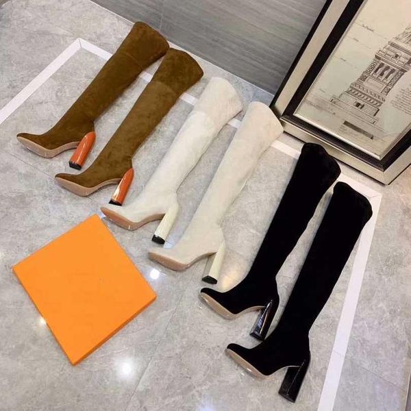 

cow leather boots fashion 10.5 cm chunky heel stretch faux suede thigh-high boots winter 22 inches sheepskin snow boots,35-41, Black