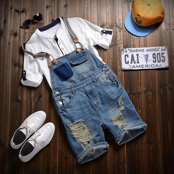 

earoomze 2017 summer fashion men's shorts bib overalls jeans short man casual slim fit ripped denim jumpsuits jeans shorts pants, Blue