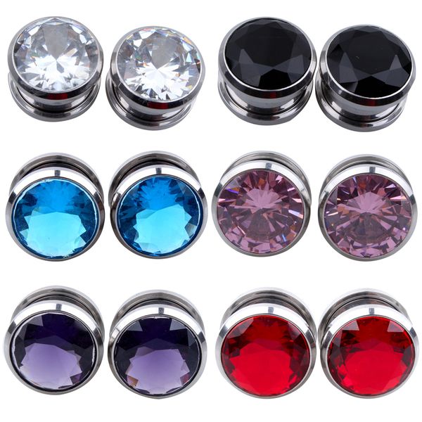 

crystal zircon flesh tunnel plug screw fit ear piercing gauge stretching expander jewelry zirconia earring earlets, Slivery;golden