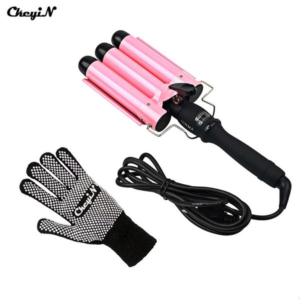 

professional hair curling iron lcd display ceramic triple barrels hair curler waver roller wand deep wave curler styling tool 42