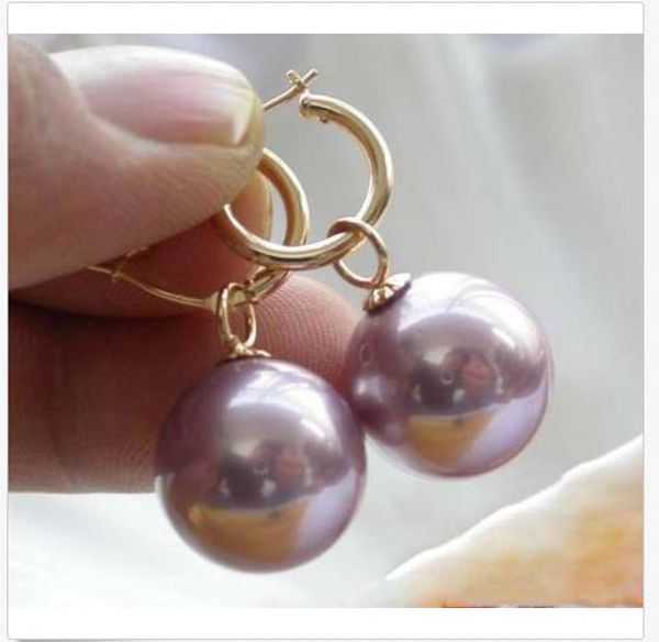 

huge round 16mm south sea shell purple pearl earrings 14k gold, Silver