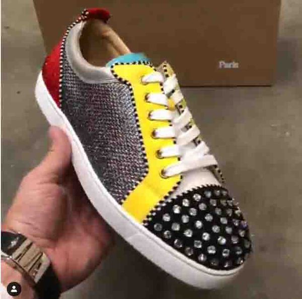 

fashion men's shoes red bottom spikes flat low cut brown glitter with rivets toe,back rhinestone suede couple junior spiked flats train, Black