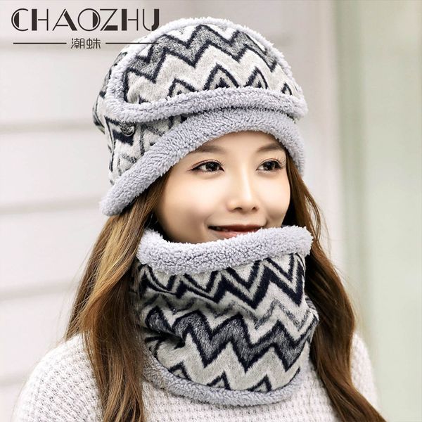 

chaozhu japanese harajuku bohemia casual thin striped 23 colors camouflage star women winter hats mask scarf bib wool thicken, Blue;gray
