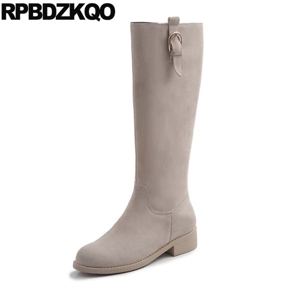 

block casual women riding real leather side zip boots round toe tall suede winter long equestrian shoes fur knee high chunky new, Black