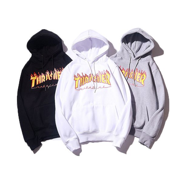 

19ss new style hooded printed letter flame casual men and women couple's hoodie plus velvet support, Black